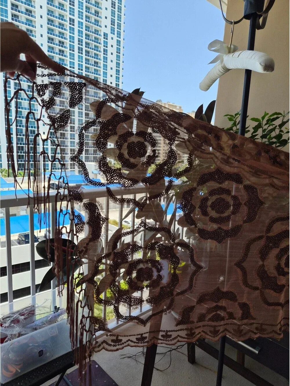 Caramel Brown Floral Sequin Mesh Scarf Shawl Fringe 25 x 70